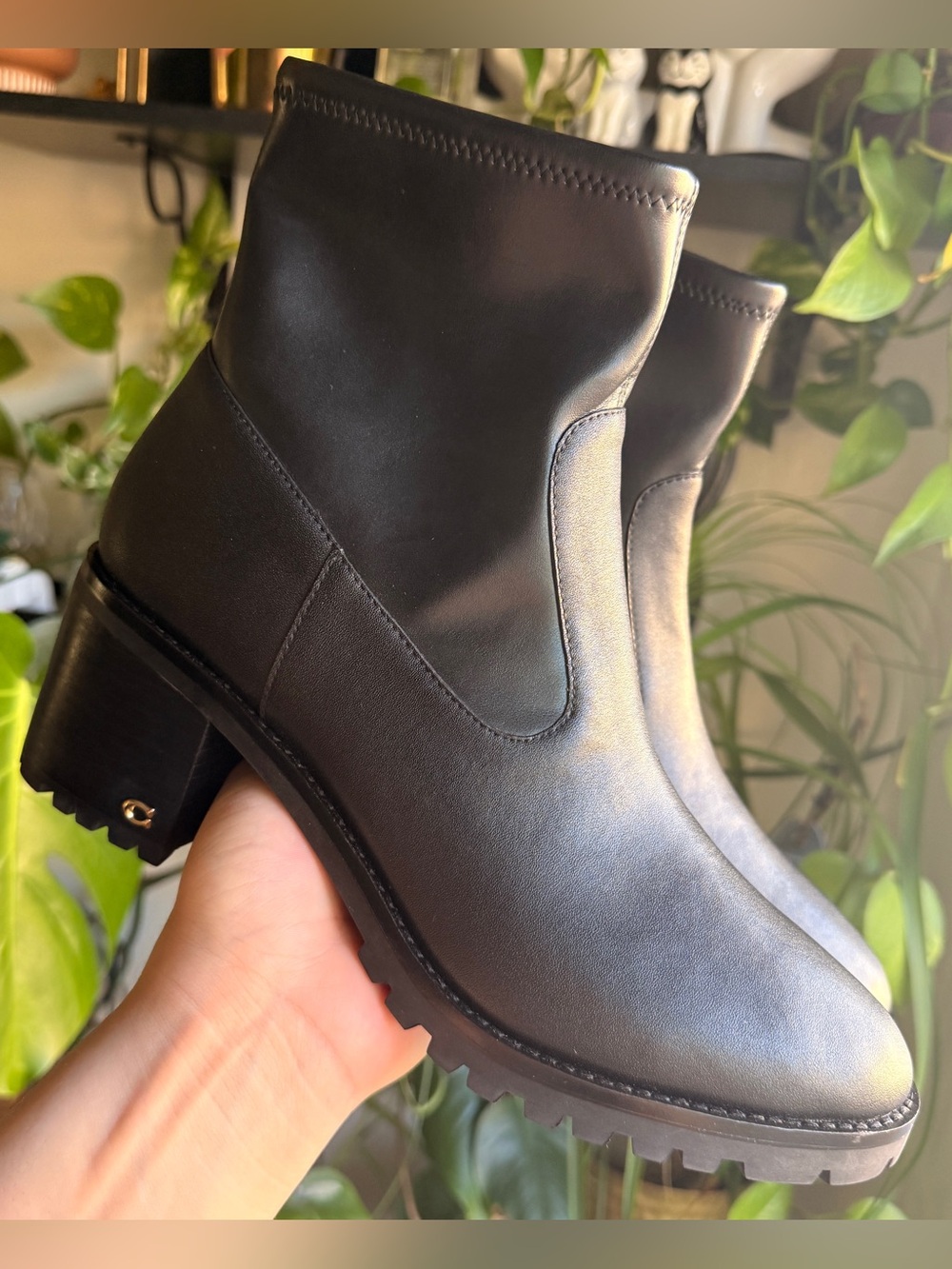 Coach Black Leather Ankle Booties with Lug Sole